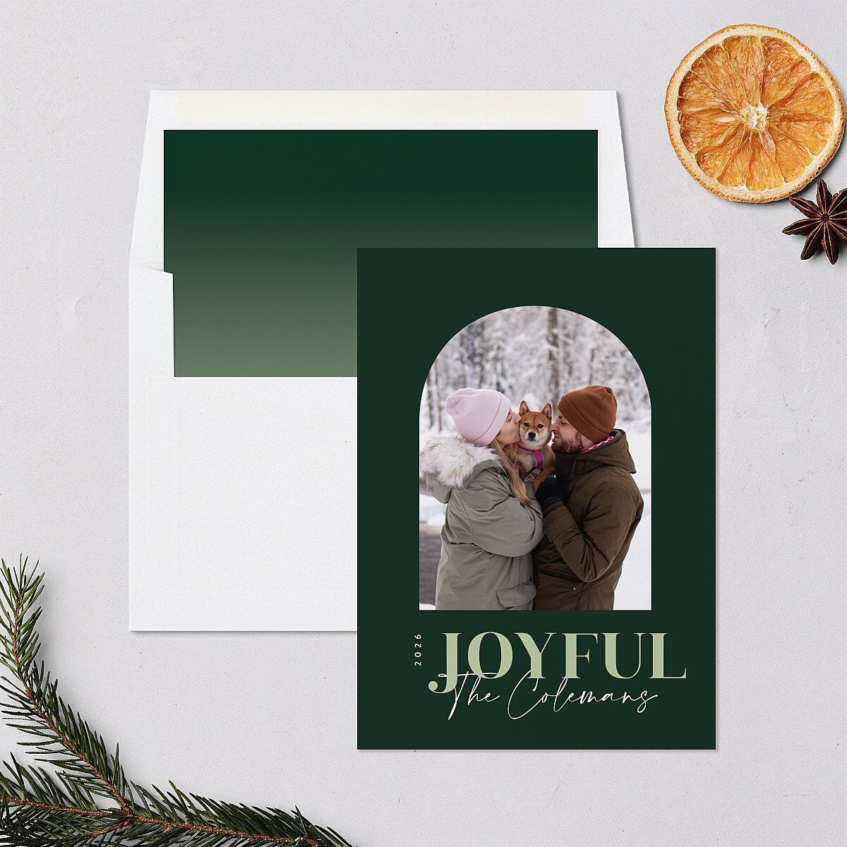 Joyful Arch Holiday Cards Dark Green Signature Blank Standard Portrait