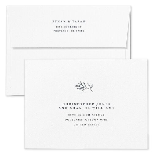 Minimal Leaves Rehearsal Dinner Invitation Envelopes White Moody Blue Both Recipient and Return Addresses Signature Standard