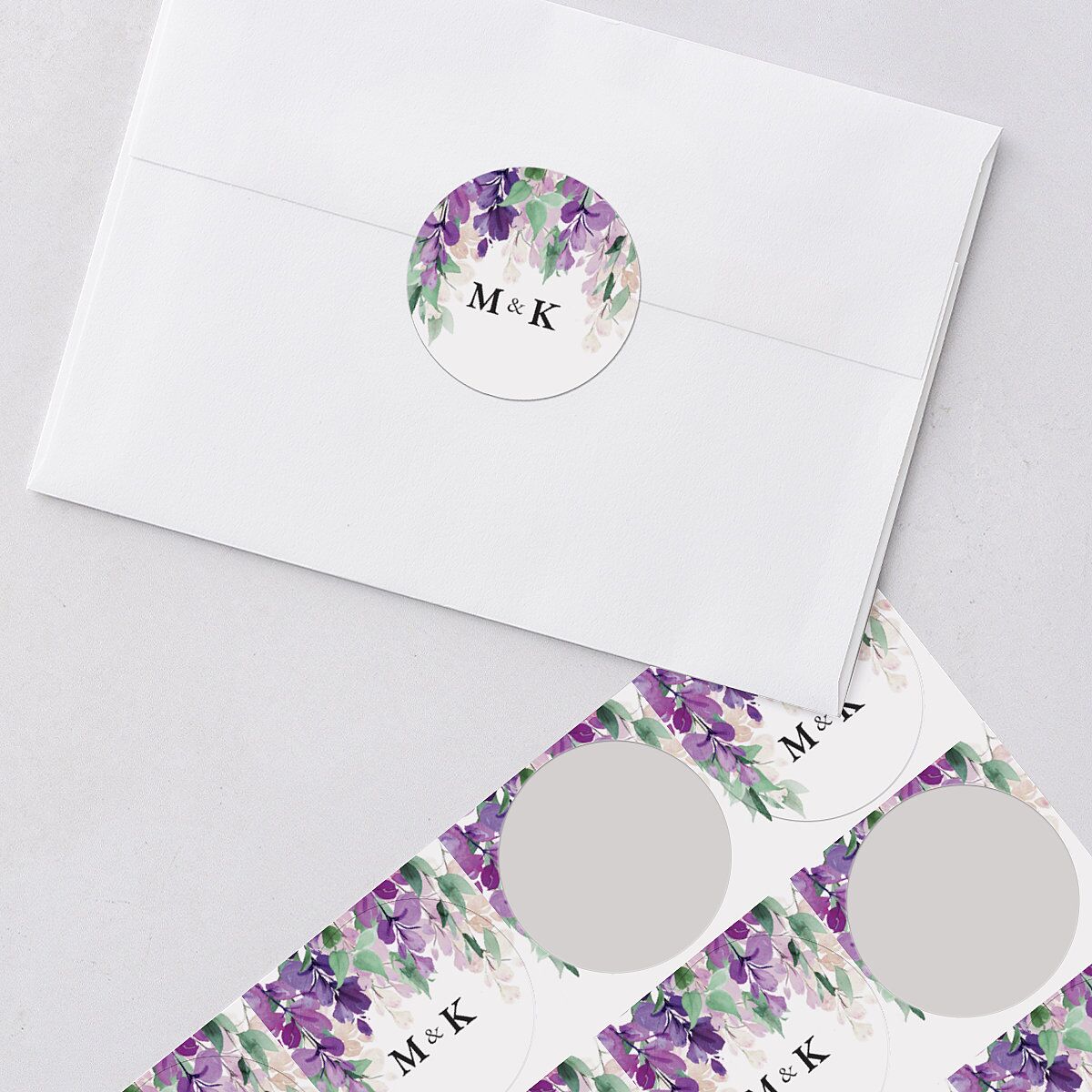 Romantic Wisteria Wedding Stickers Purple Petal Circle