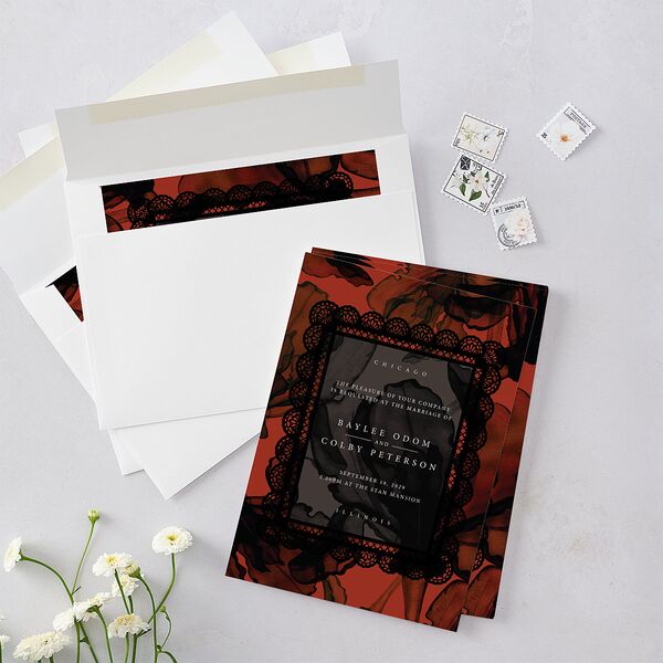 Moody Romantic Lace Floral Wedding Invitations Red Clay Signature Blank No Standard