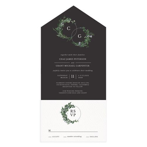 Leafy Hoops All-in-One Wedding Invitations Charcoal Signature Light Both Recipient and Return Addresses No