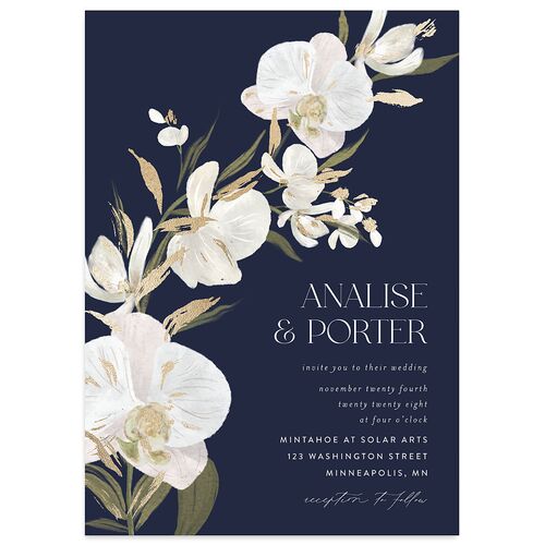 Elegant Orchid Foil Wedding Invitations Gold Navy Signature Blank No Standard