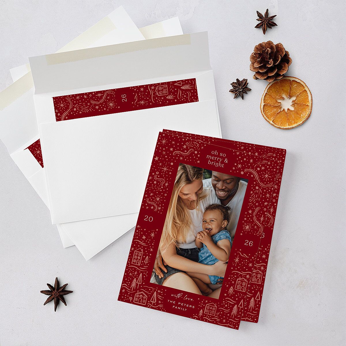 Illustrated Winter Frame Holiday Cards Jewel Red Signature Blank Standard Portrait