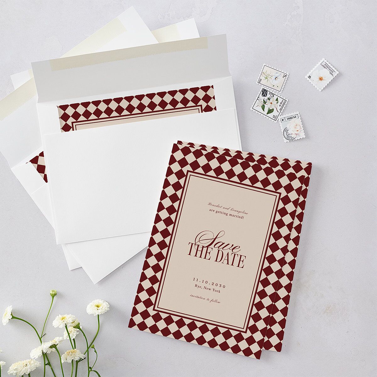 Elegant Diamond Pattern Save the Date Cards Burgundy Signature smooth Blank No Standard