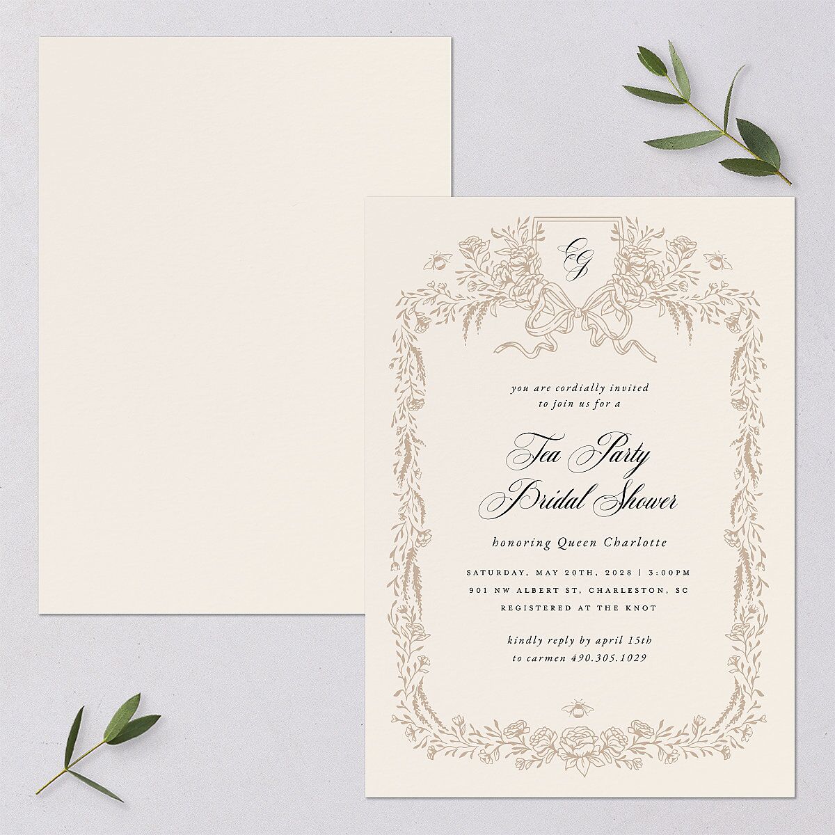 Rose Garden Crest Bridal Shower Invitations by Bridgerton Taupe Signature Blank Standard