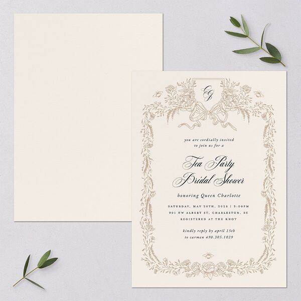 Rose Garden Crest Bridal Shower Invitations by Bridgerton Taupe Signature Blank Standard