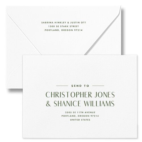 Destination Photo Poster Save The Date Card Euro Envelopes Hunter Green White Both Recipient and Return Addresses Luxe Signature