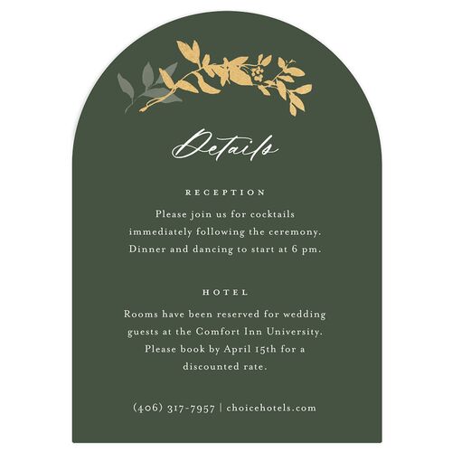 Shining Wreath Foil Wedding Event Detail Cards Hunter Green Gold Signature Arch