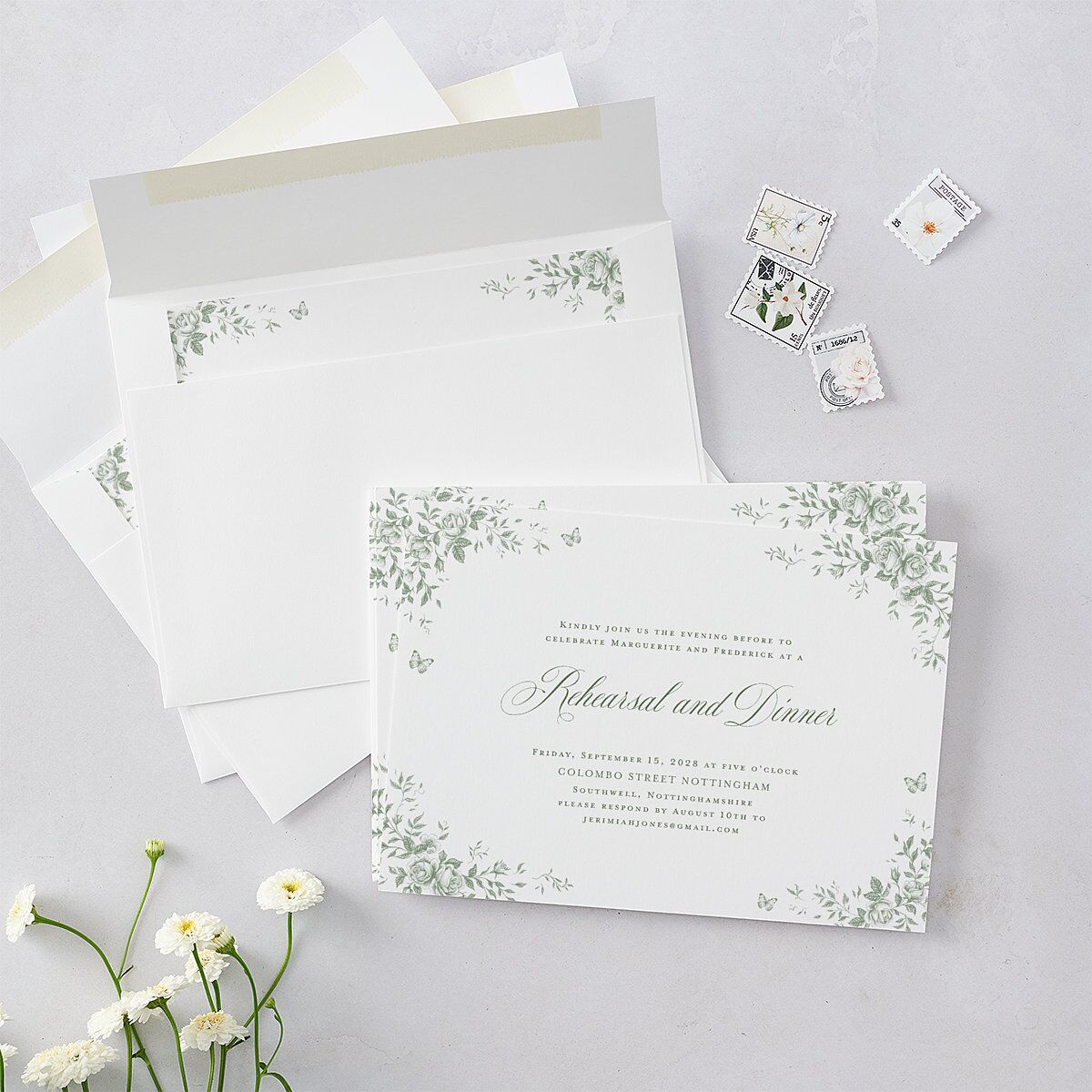 Elegant Rose Crest Rehearsal Dinner Invitations Deep Olive Signature Blank Standard