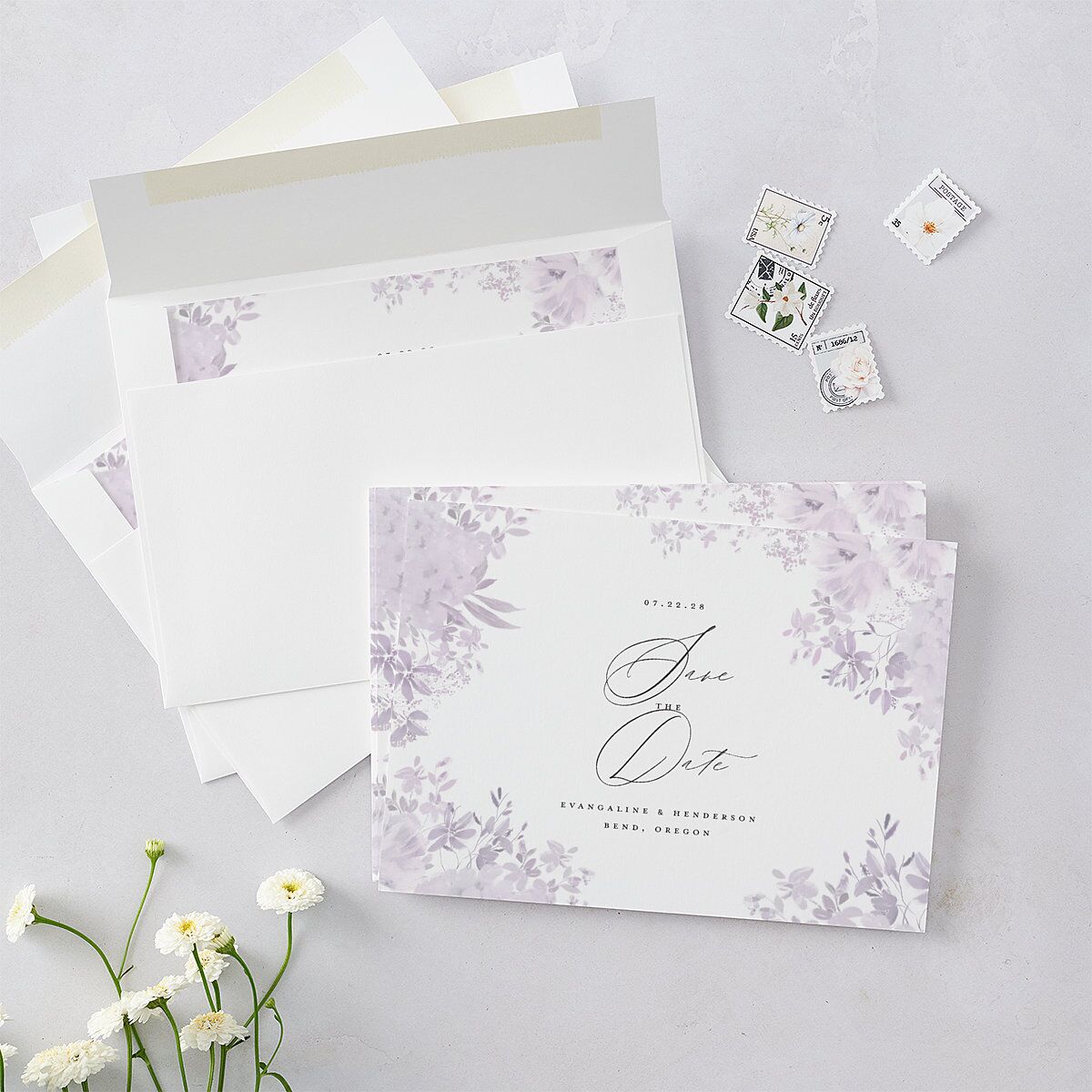 Monochrome Blooms Save the Date Cards Gold Sheer Lilac Signature smooth Blank No