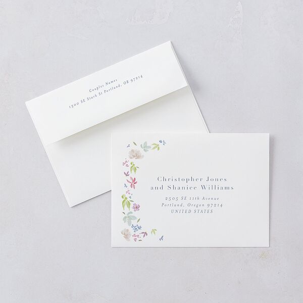 Floral Appliqué Save The Date Card Envelopes White Standard Sheer Lilac Both Recipient and Return Addresses Signature