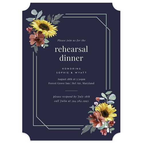 Floral Frame Rehearsal Dinner Invitations Navy Signature Blank Ticket