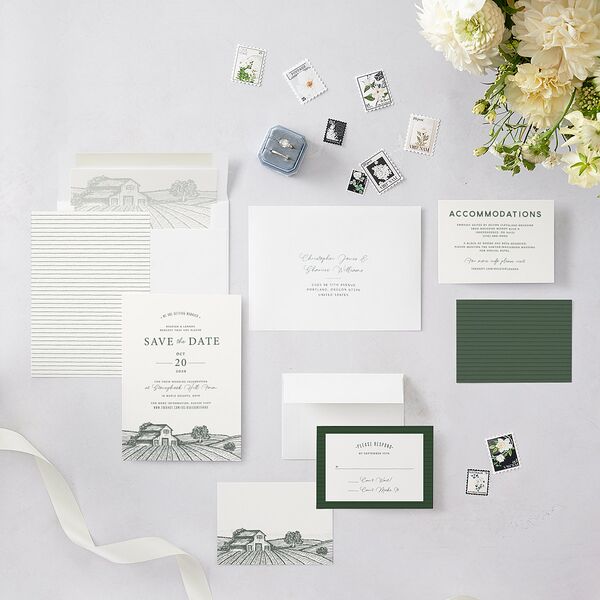 Country Farm Save The Date Cards Hunter Green Signature smooth Blank No Standard