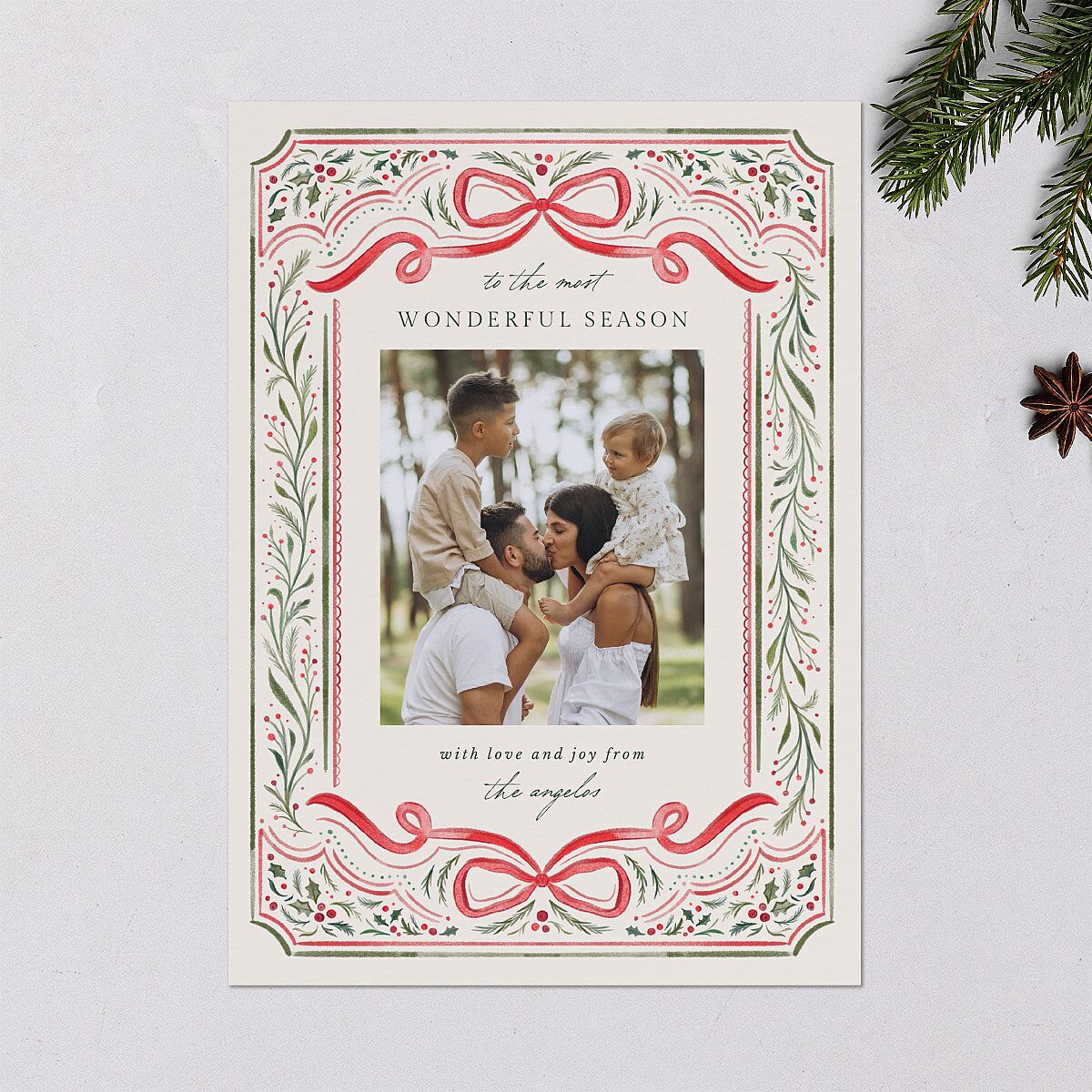 Whimsical Holiday Bow with Garland Holiday Cards Ruby Signature Blank Portrait Standard