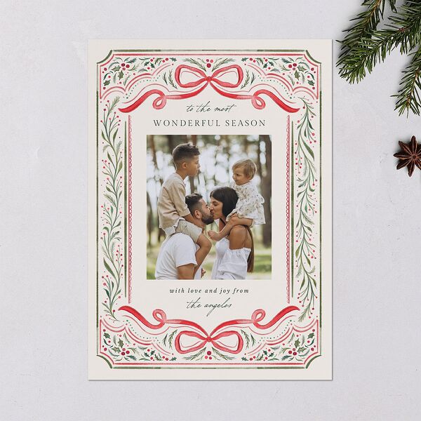 Whimsical Holiday Bow with Garland Holiday Cards Ruby Signature Blank Portrait Standard