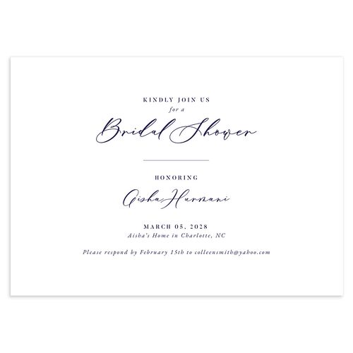 Timeless Script Bridal Shower Invitations Navy Signature Blank Standard