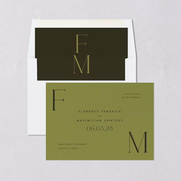 Modern Initials Save The Date Cards Olive Signature smooth Blank No Standard