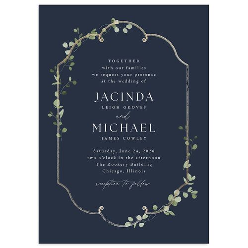 Fairytale Eucalyptus Foil Wedding Invitations Navy Gold Signature Blank No Standard