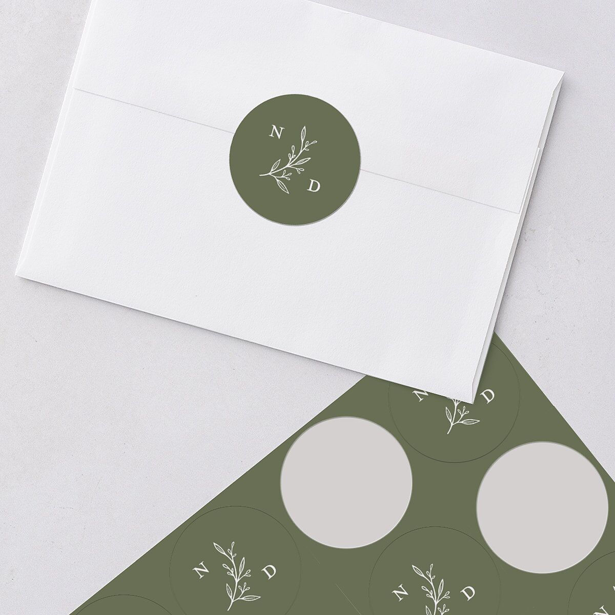 Botanical Monogram Wedding Stickers Dark Camo Circle