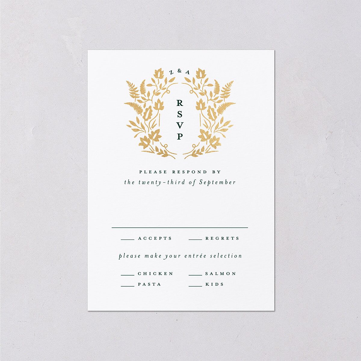 Rustic Kingdom Wedding Response Cards Gold Dark Green Signature Standard