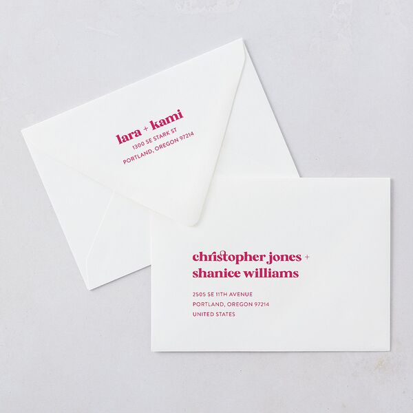 Vibrant Bold Save The Date Card Euro Envelopes White Hot Pink Both Recipient and Return Addresses Luxe Signature