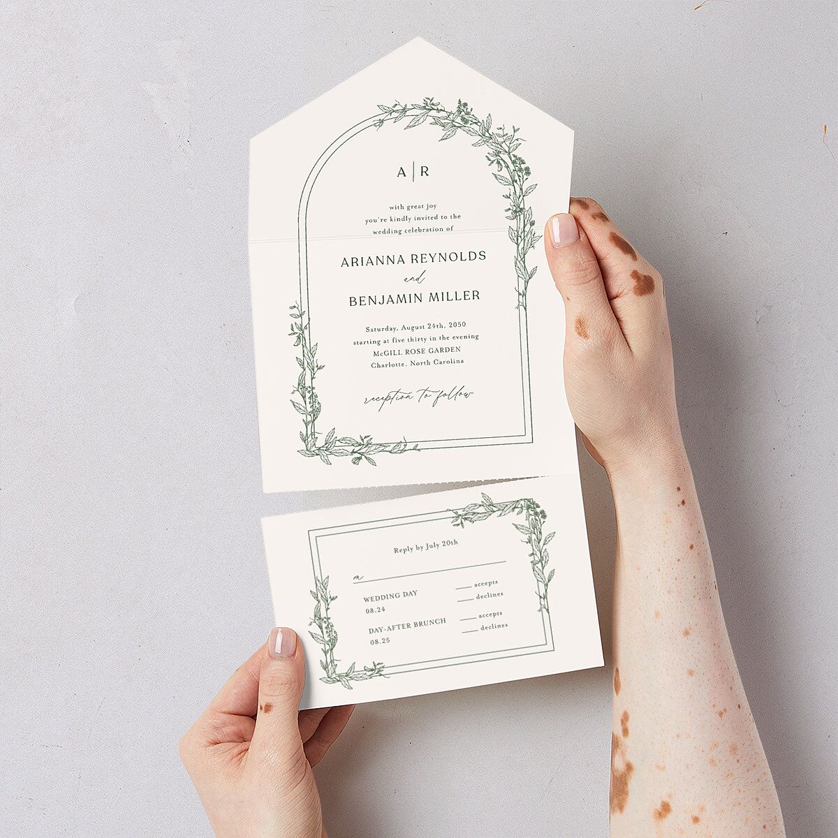 Botanical Arch All-in-One Wedding Invitations Hunter Green Signature Light Both Recipient and Return Addresses No