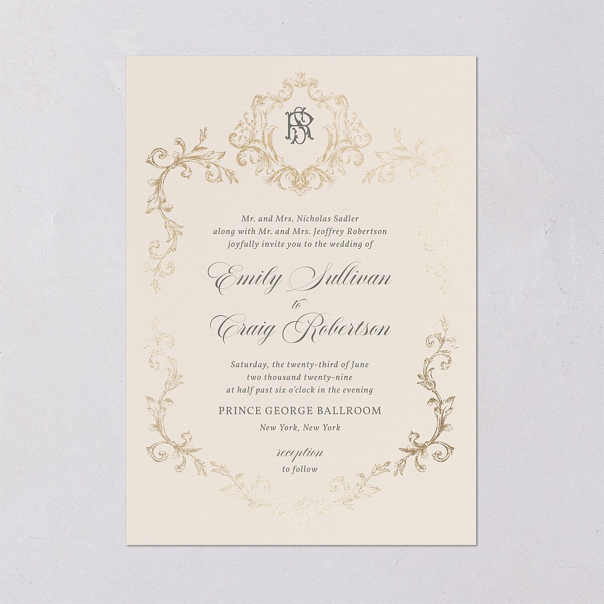 Vintage Regency Monogram Frame Foil Wedding Invitations Champagne Gold Signature Blank Standard No