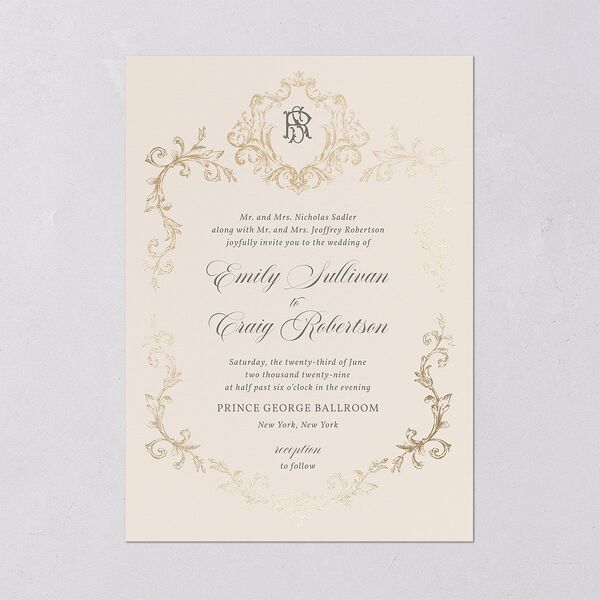 Vintage Regency Monogram Frame Foil Wedding Invitations Champagne Gold Signature Blank Standard No