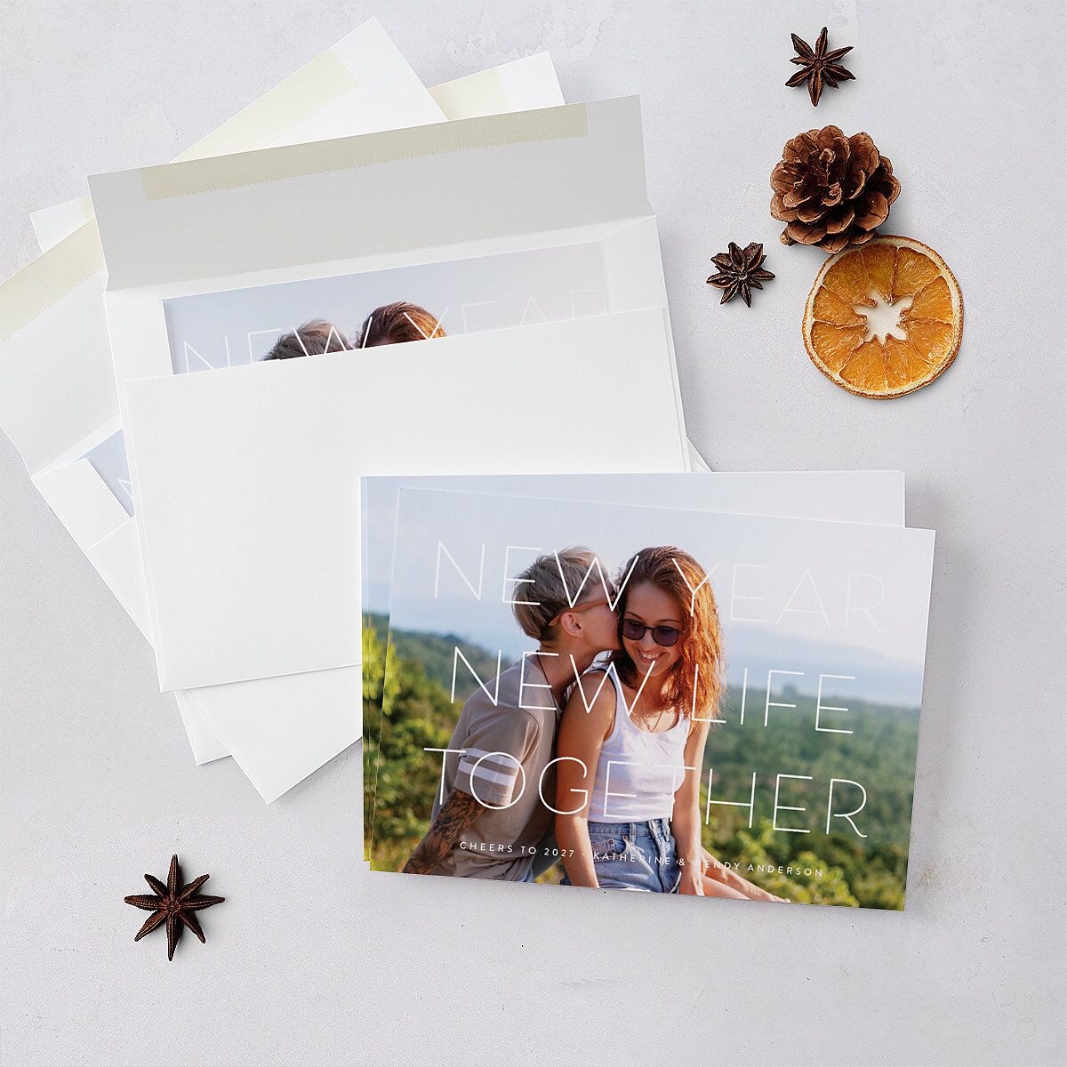 Bright New Year Holiday Cards Tan Signature Blank Standard Landscape