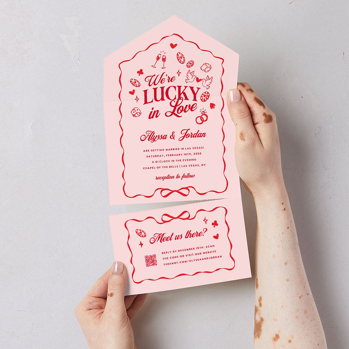 Hand Drawn Las Vegas Hearts All-in-One Wedding Invitations Crimson Signature Light Both Recipient and Return Addresses No