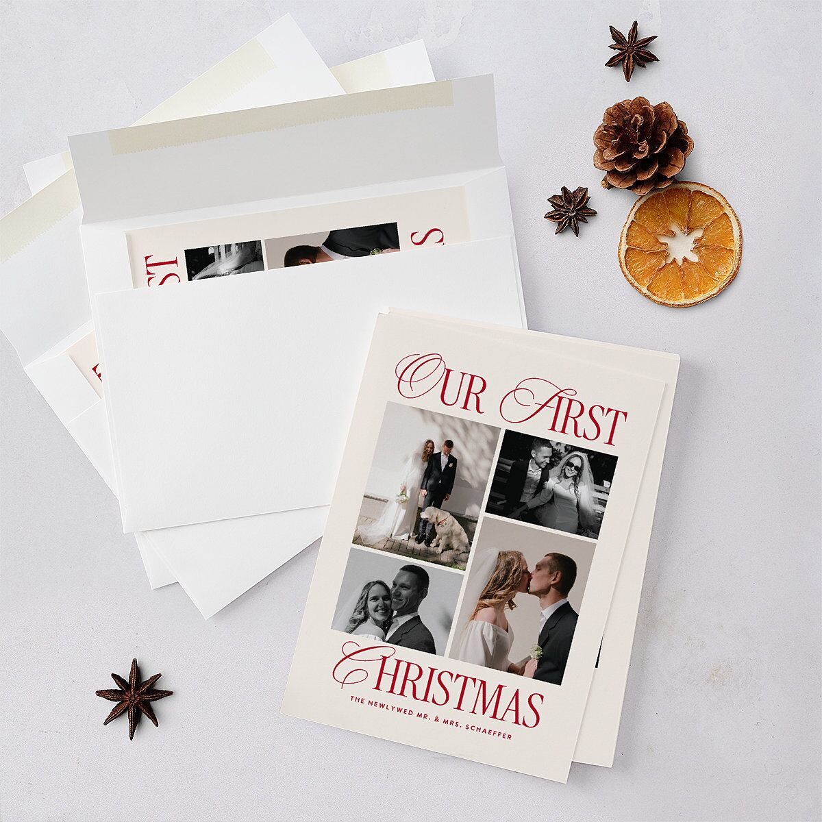 Classic Editorial First Christmas Photos Holiday Cards Merlot Signature Blank Standard