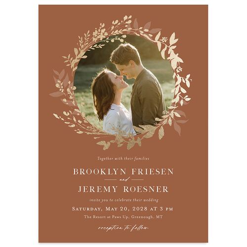 Shining Wreath Foil Wedding Invitations Terracotta Gold Signature Blank No Standard