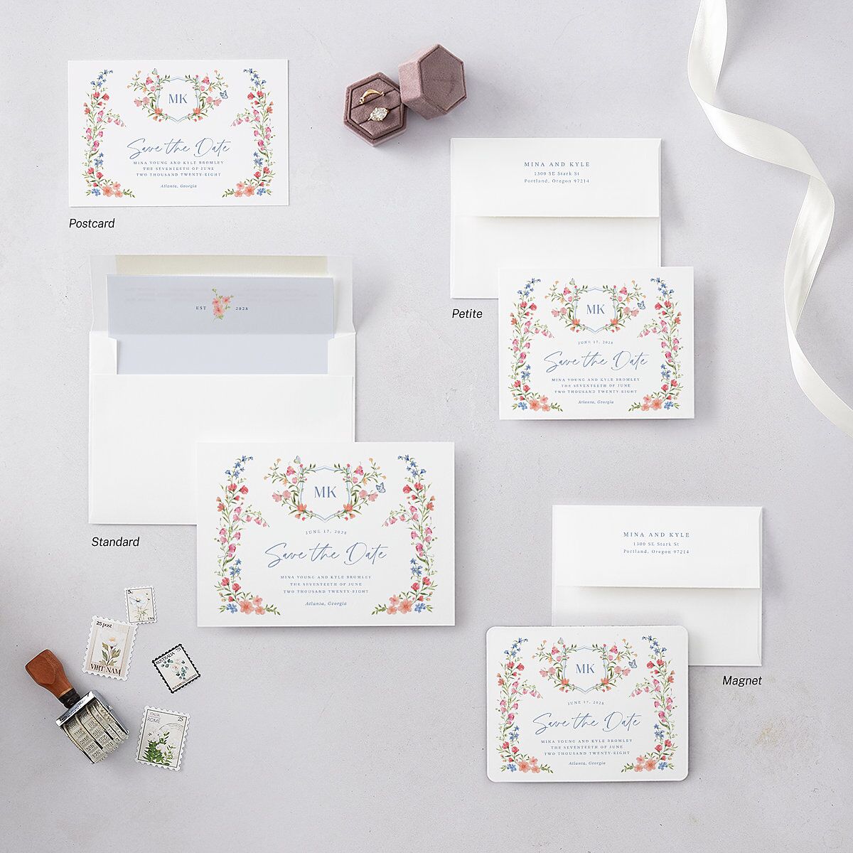 Fairytale Wildflower Crest Save the Date Postcards Pure White