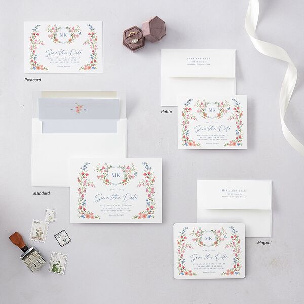 Fairytale Wildflower Crest Save the Date Postcards Pure White