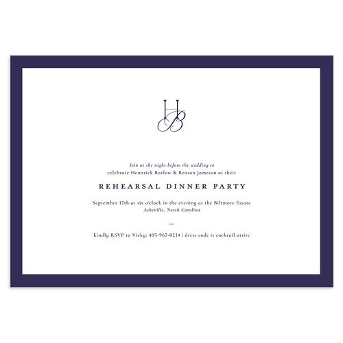 Refined Monogram Rehearsal Dinner Invitations Navy Signature Blank Standard