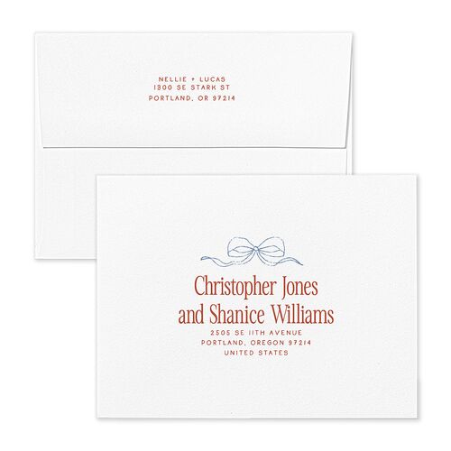 Modern Delicate Bows Thank You Card Envelopes Jewel Red White Both Recipient and Return Addresses Signature Standard