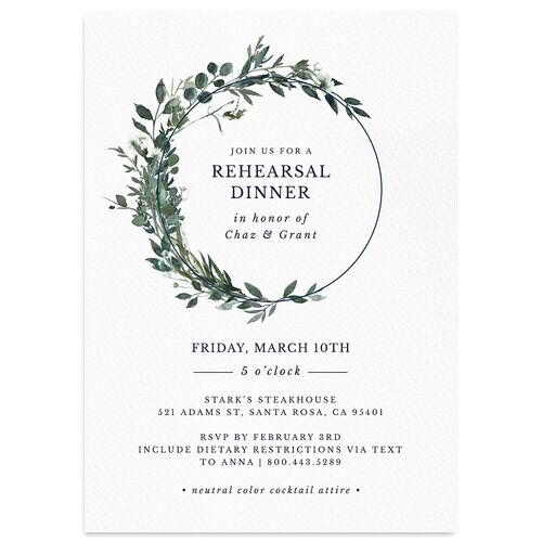 Leafy Hoops Rehearsal Dinner Invitations Navy Signature Blank Standard