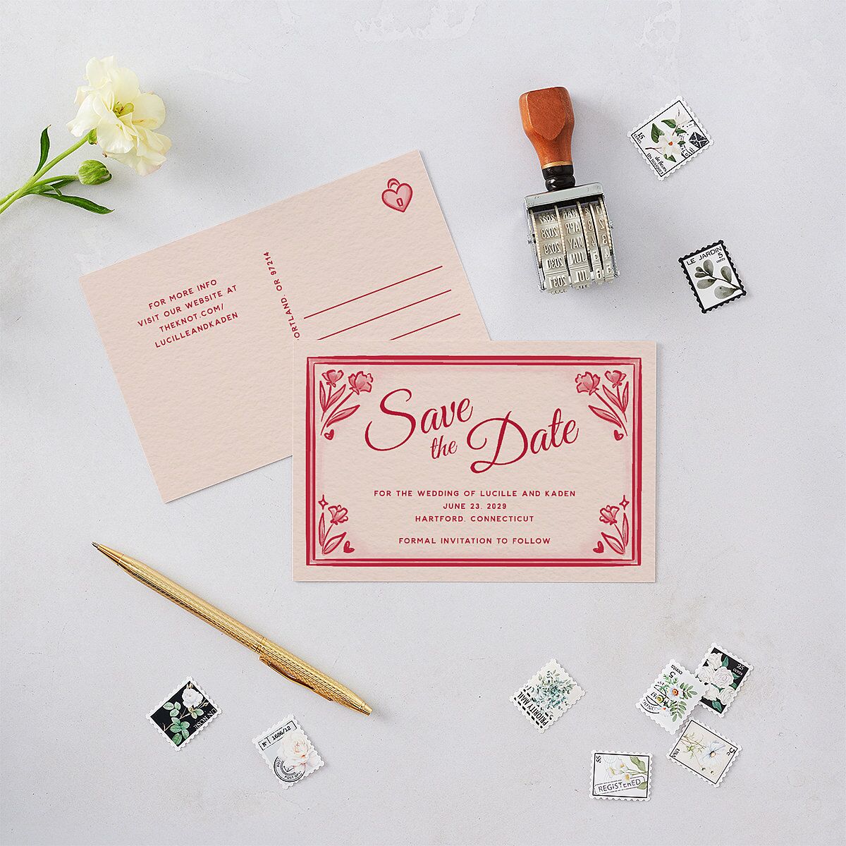 Vintage Heart Locket Save the Date Postcards Crimson