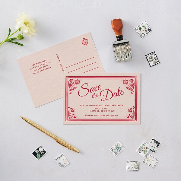 Vintage Heart Locket Save the Date Postcards Crimson