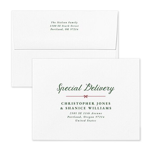 Vintage Bow Pattern Photo Thank You Card Envelopes White Jewel Green Both Recipient and Return Addresses Signature Standard