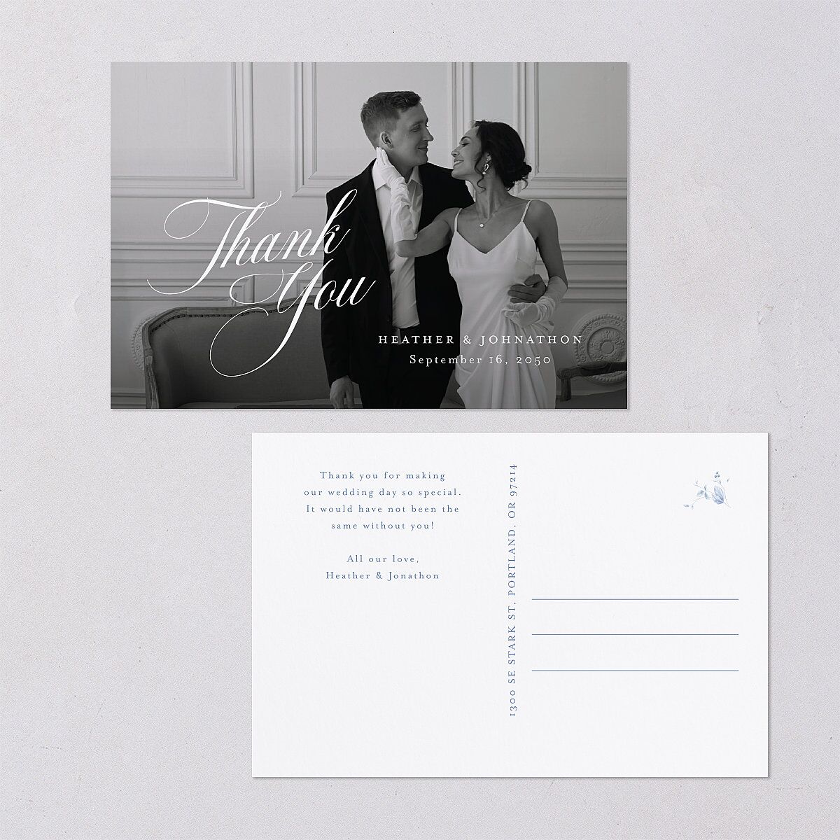 Classic Script Photo Thank You Postcards Regency Blue