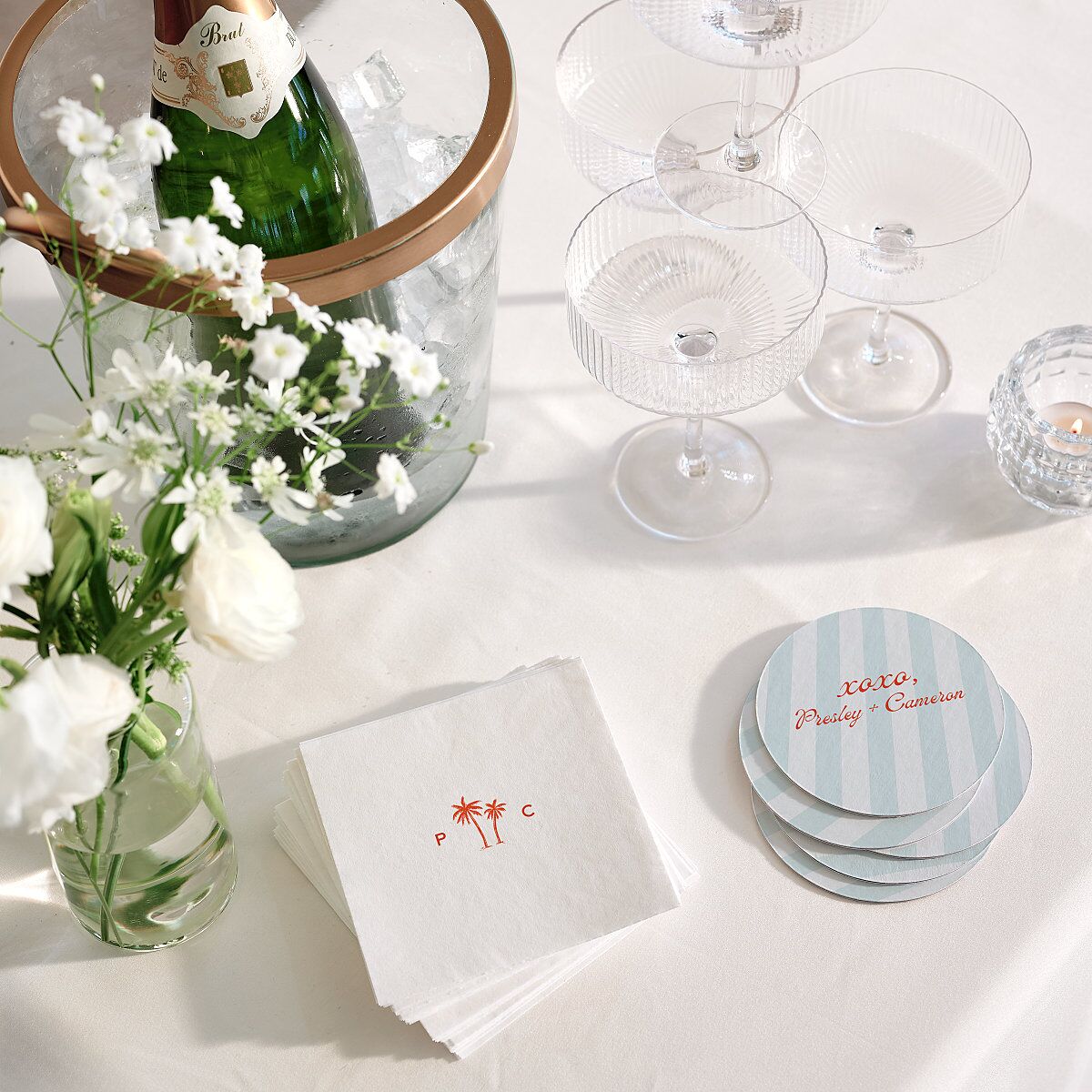 Cabana Stripes Wedding Day Coasters Pastel Blue Cardboard Circle