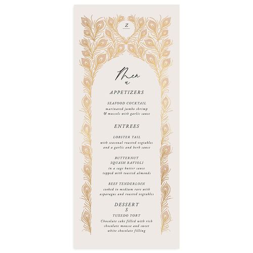 Peacock Nouveau Menus Gold Dusty Rose Signature