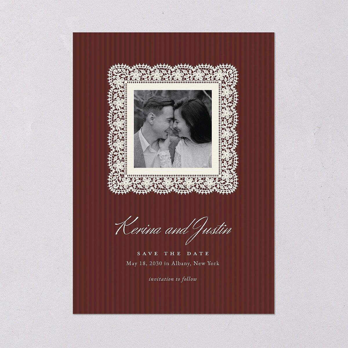 Vintage Lace Save the Date Cards Burgundy Signature smooth Blank No Standard
