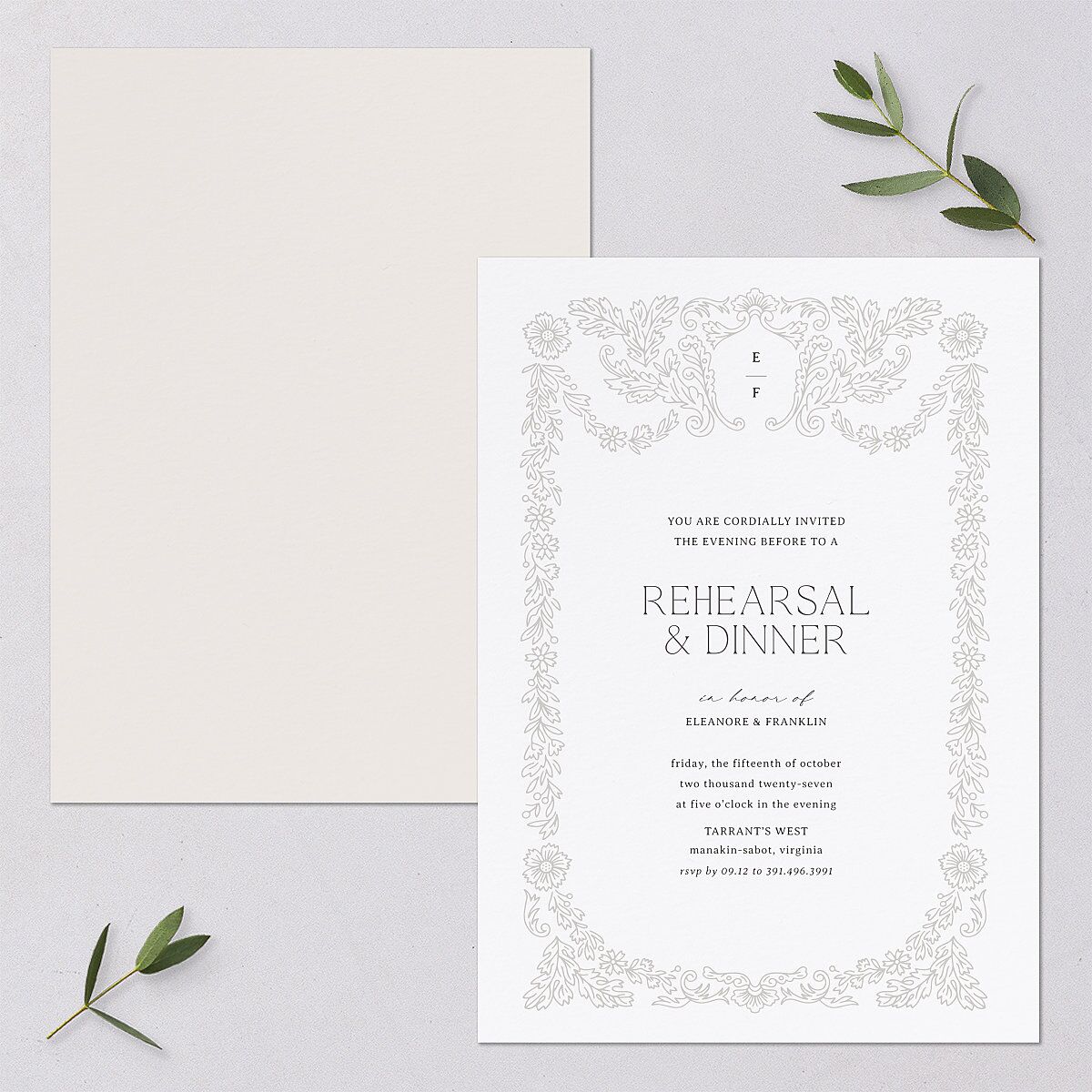 Baroque Border Rehearsal Dinner Invitations Pure White Signature Blank