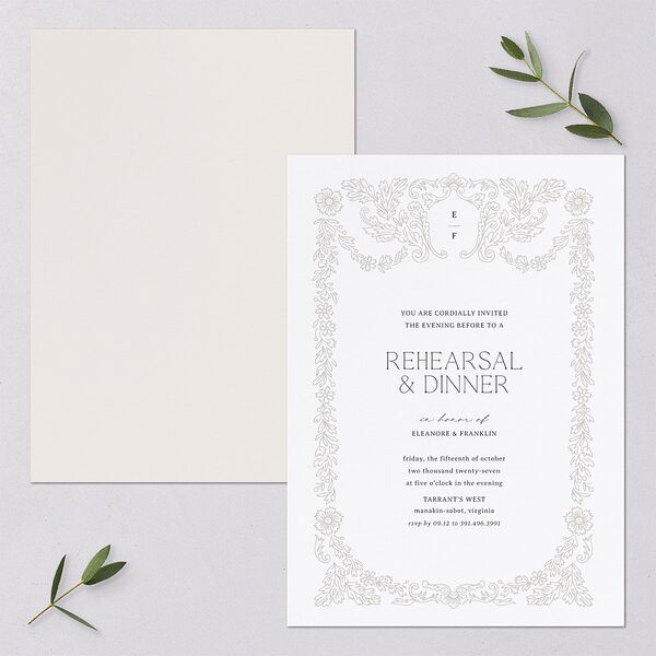 Baroque Border Rehearsal Dinner Invitations Pure White Signature Blank