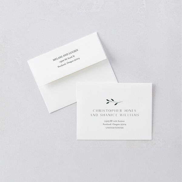 Gilded Sprigs Thank You Card Envelopes White Dark Emerald Both Recipient and Return Addresses Signature Standard