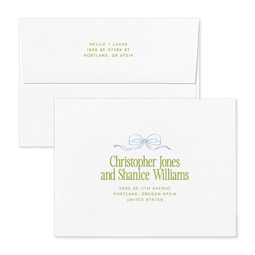 Modern Delicate Bows Save the Date Petite Card Envelopes Peridot White Both Recipient and Return Addresses Signature Standard
