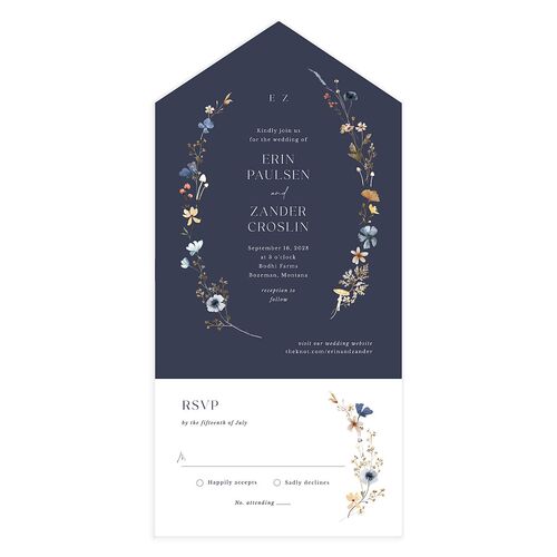 Simple Bohemian Wildflowers All-in-One Wedding Invitations Dark Navy No Signature Light Both Recipient and Return Addresses