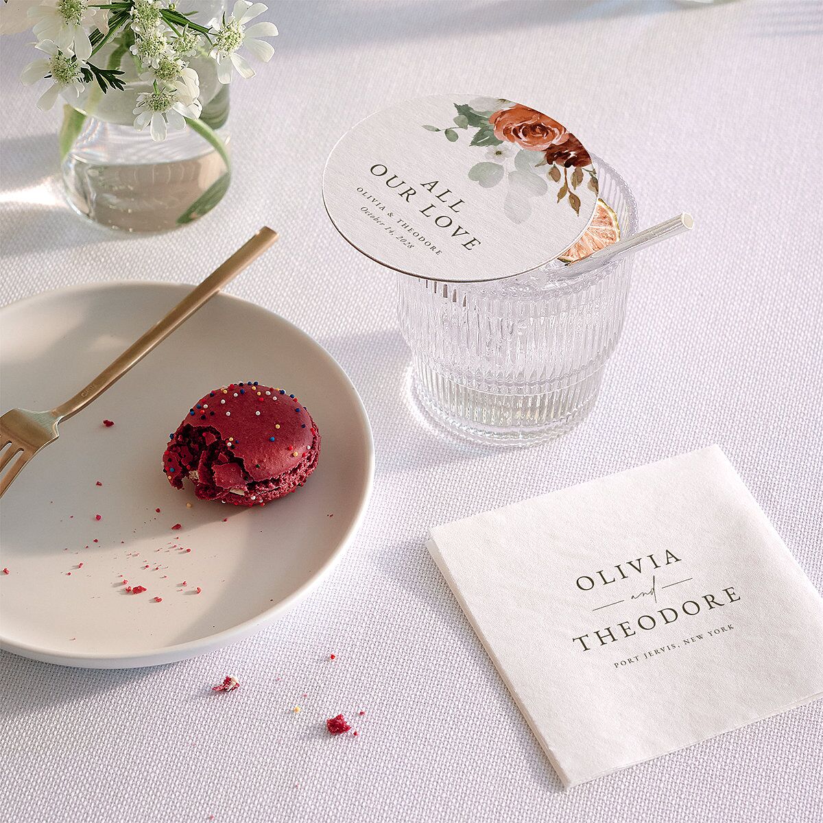 Eucalyptus Bouquet Wedding Day Coasters Terracotta Cardboard Circle